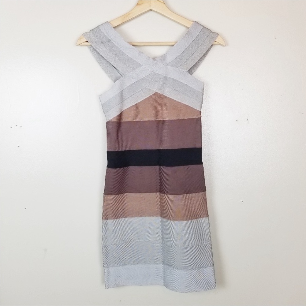 HERVE LEGER Y2K Multicolored Striped Bandage Bodycon Dress Criss Cross Halter S